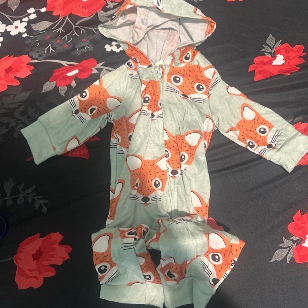 Kids Fox Print Hooded Footless Sleeper Mint Green Zip Up One Piece Romper - Picture 1 of 3